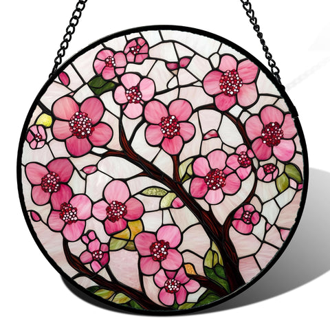 CRISGIF cherry blossoms stained glass window hanging brightens windows with colorful light.