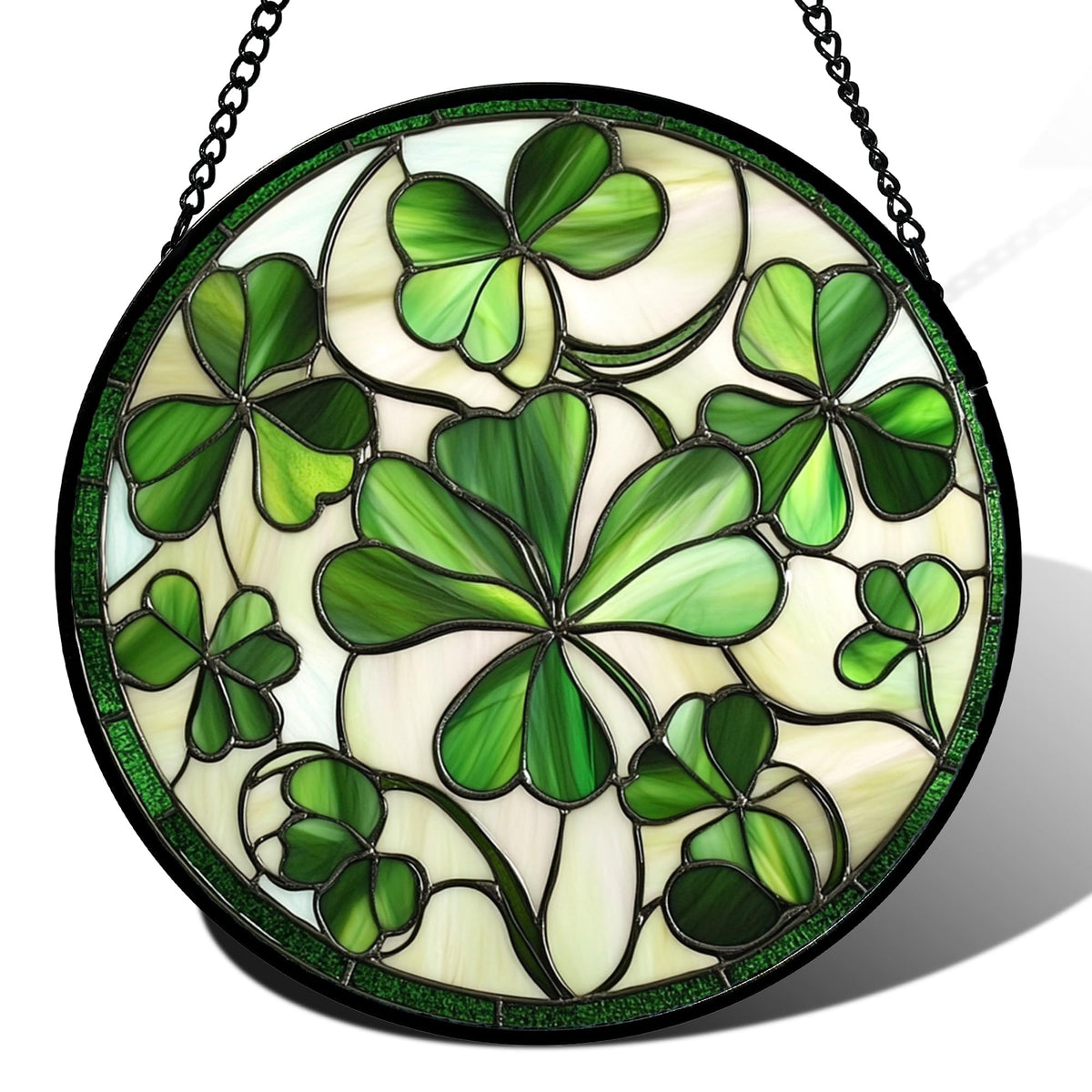 CRISGIF Ireland Green Clover stained glass window hanging creates vibrant color casts in sunlight.