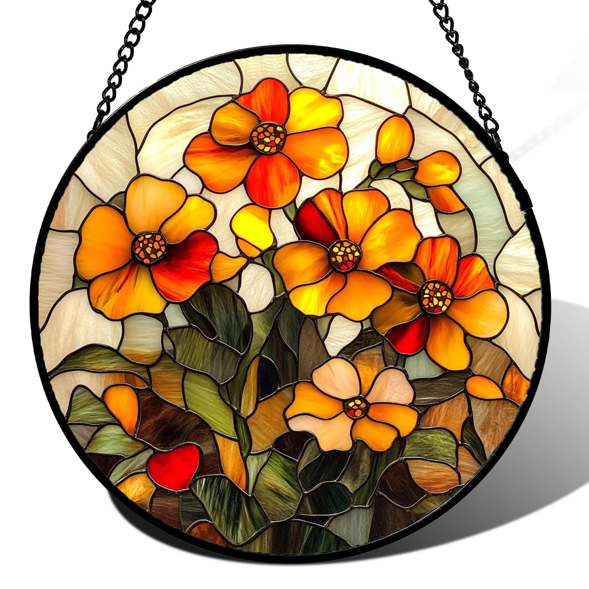 CRISGIF stained glass suncatcher with orange marigolds brightens windows with colorful light