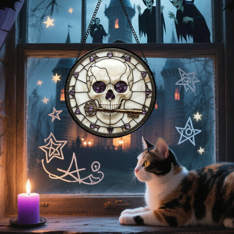 CRISGIF pumpkins stained glass window hanging adds festive glow.