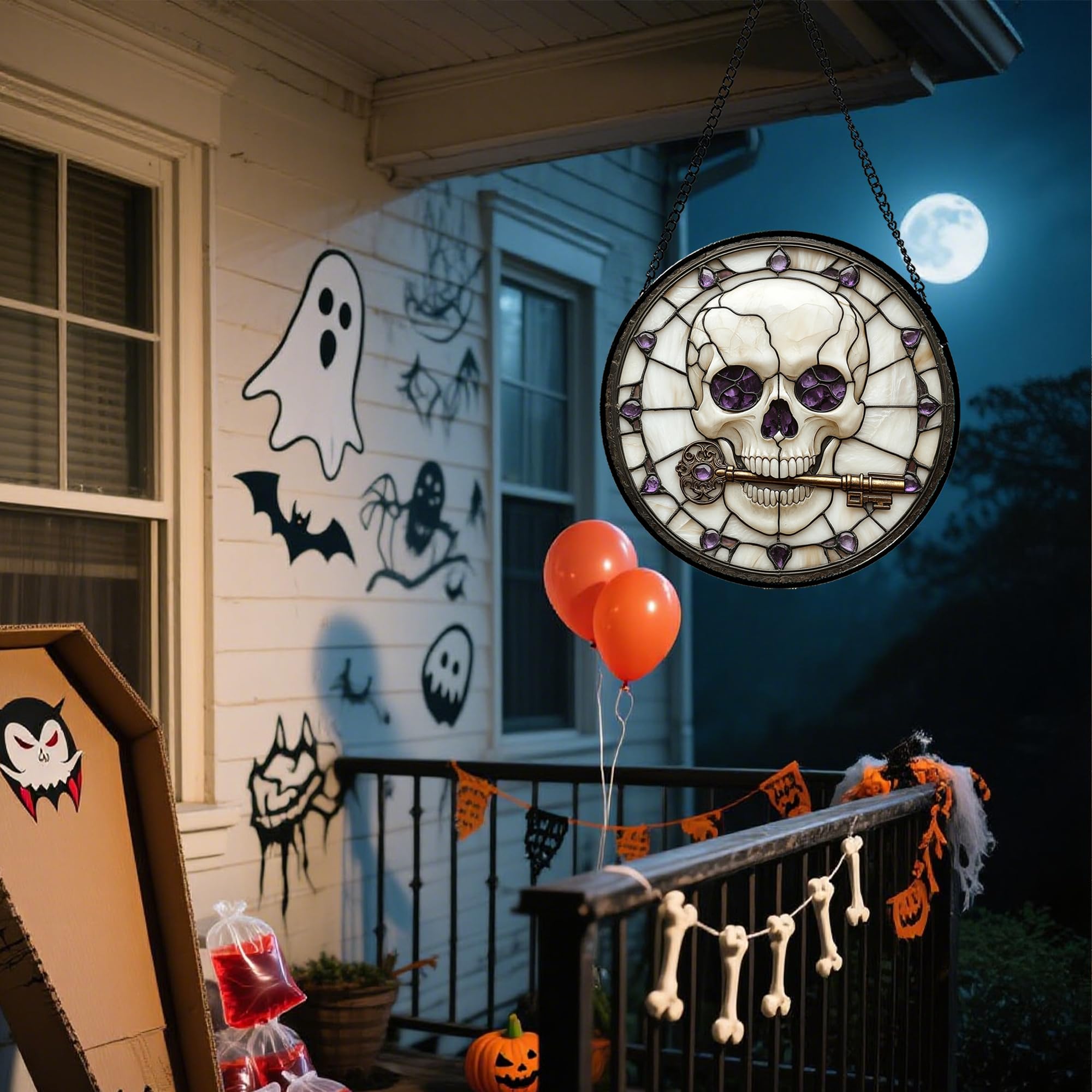 CRISGIF purple glow stained glass window hanging enhances spooky ambiance.