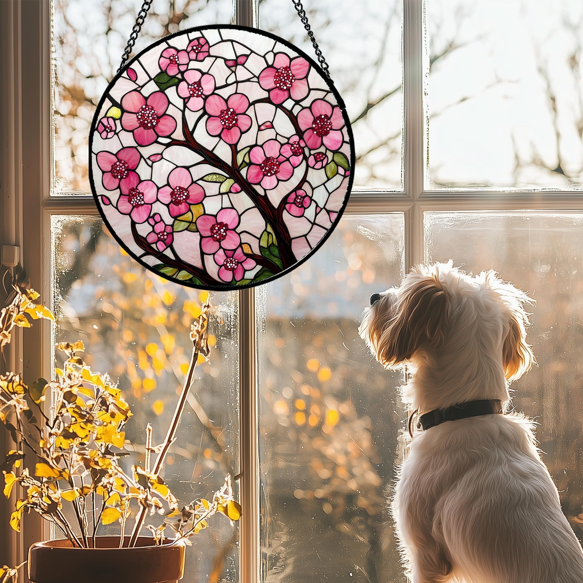 CRISGIF suncatcher windows cherry blossoms creates warm ambience as sunlight streams in.