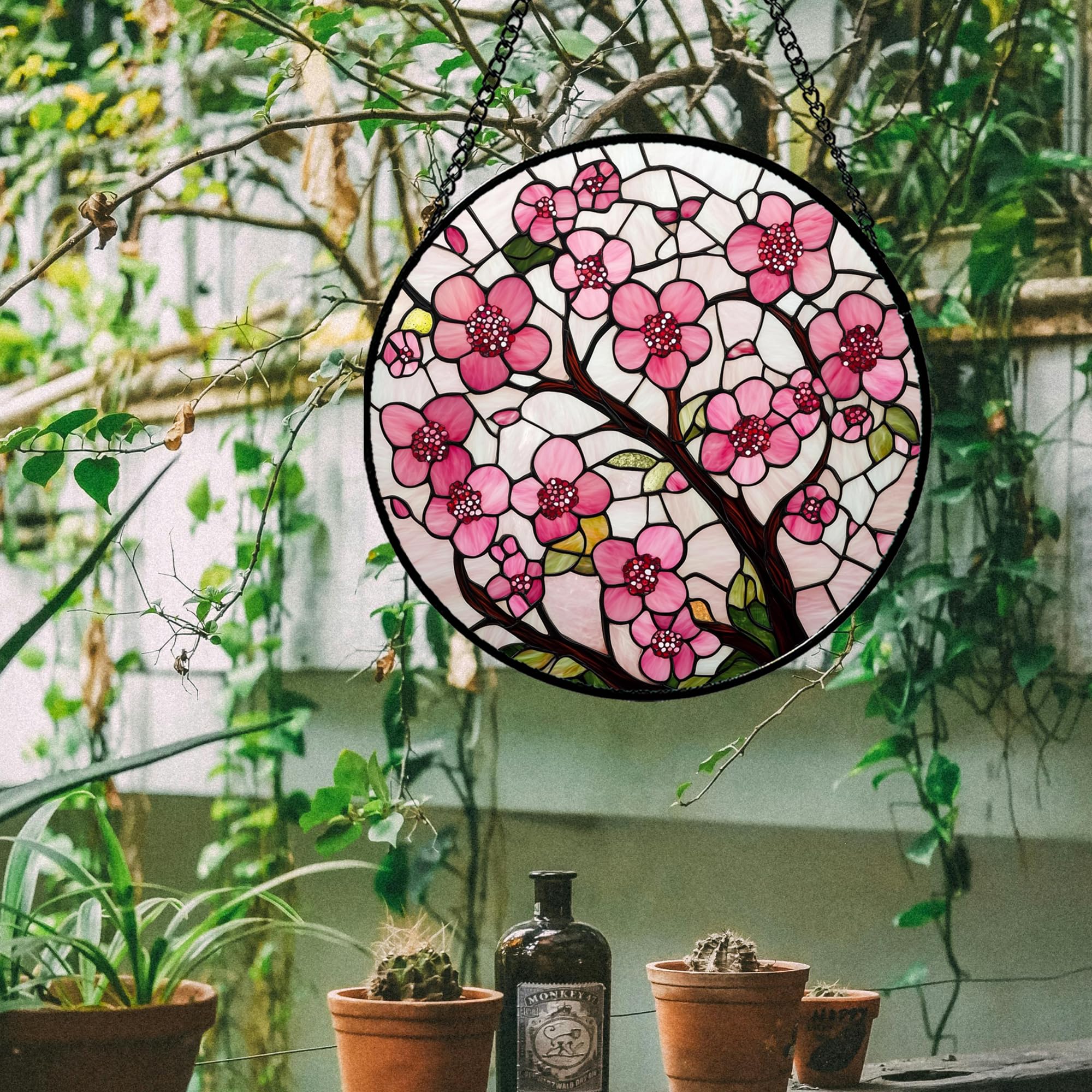 CRISGIF vivid color stained glass cherry blossoms filters daylight for a cozy glow.