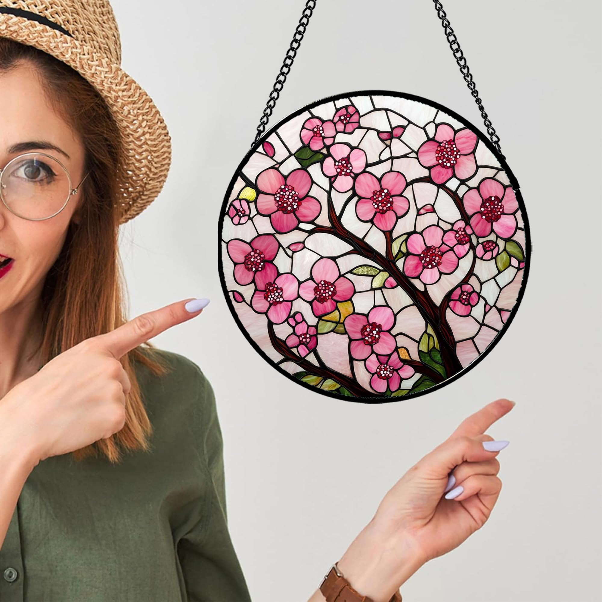 CRISGIF window decor hanging enhances room with vibrant stained glass cherry blossoms.