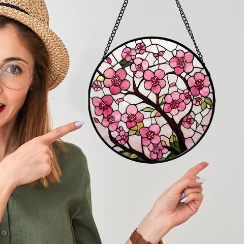 CRISGIF window decor hanging enhances room with vibrant stained glass cherry blossoms.