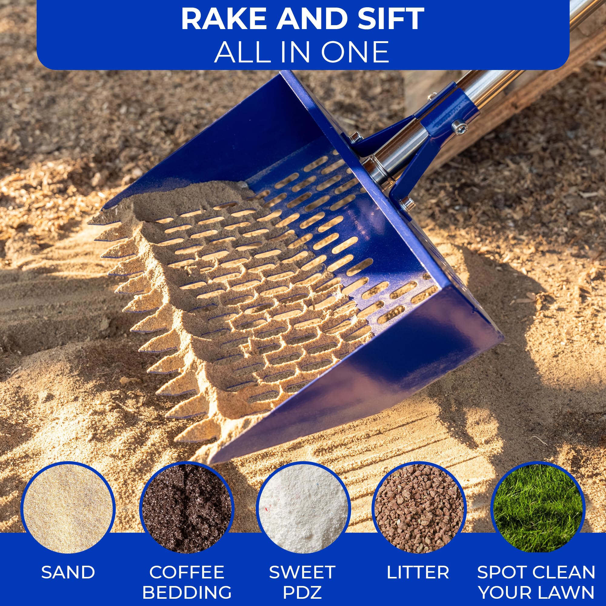 CRITTER FAVS 74-inch extendable handle reduces bending during coop chores.
