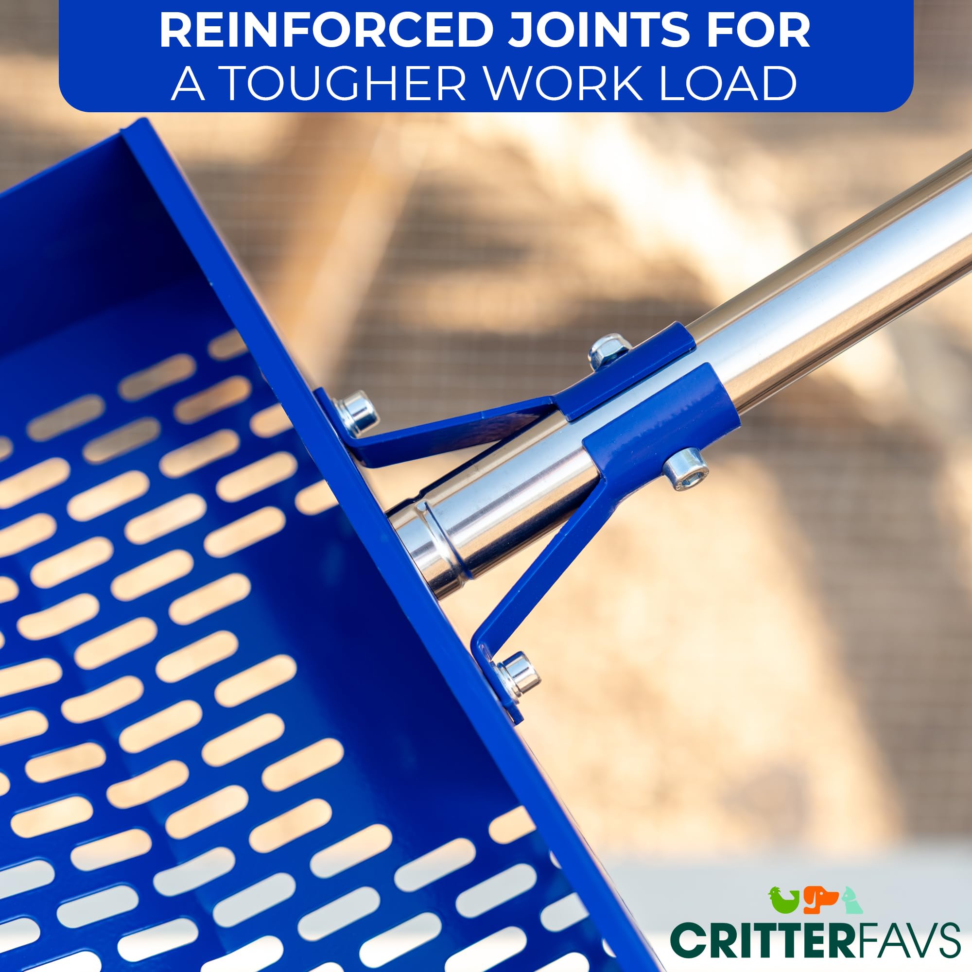 CRITTER FAVS chicken coop rake and sand-sifting head eases bedding cleanup.