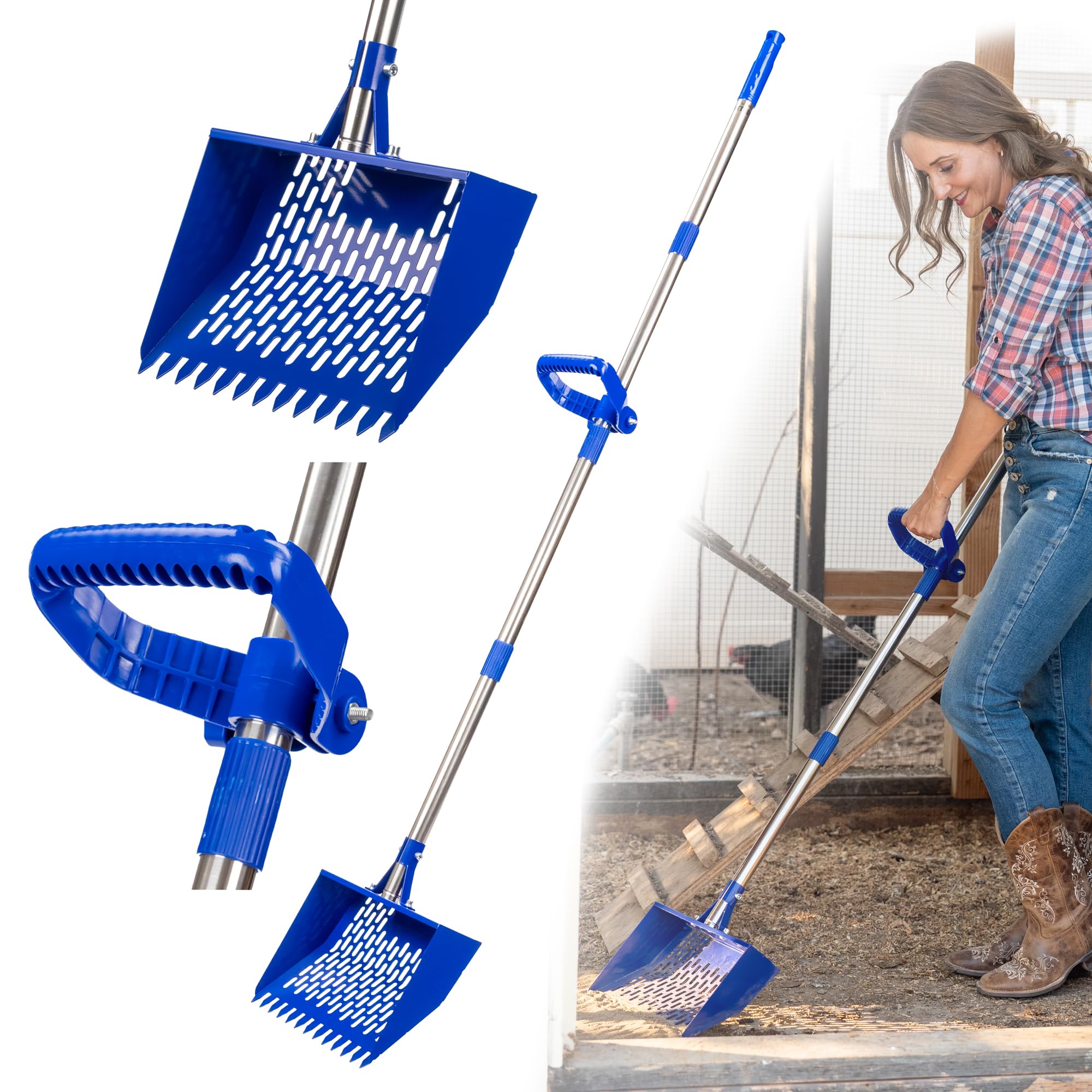 CRITTER FAVS chicken poop scooper with adjustable handle enables quick coop cleaning.