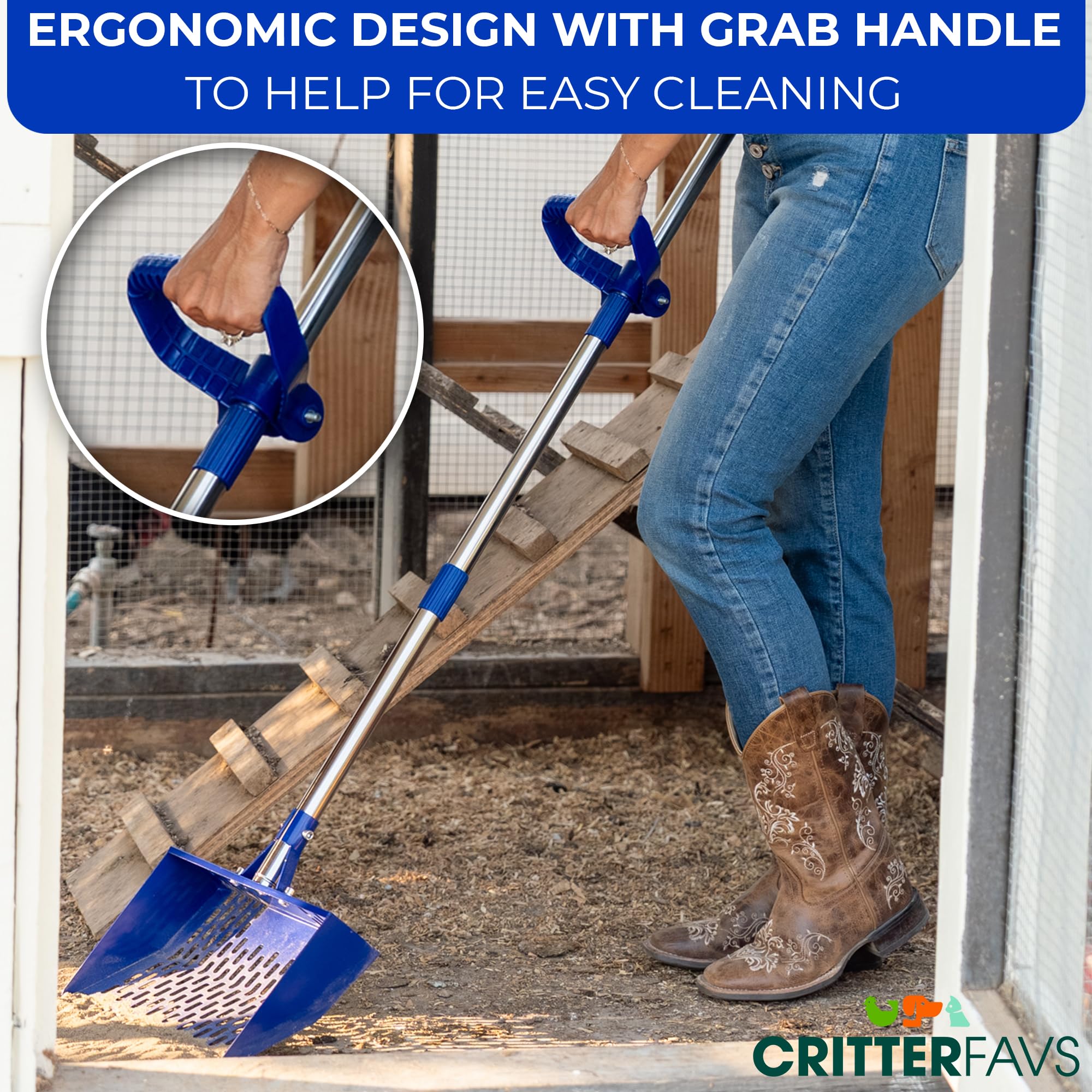 CRITTER FAVS heavy-duty metal scoop head resists wear for daily coop cleaning.