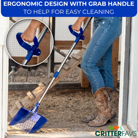 CRITTER FAVS heavy-duty metal scoop head resists wear for daily coop cleaning.