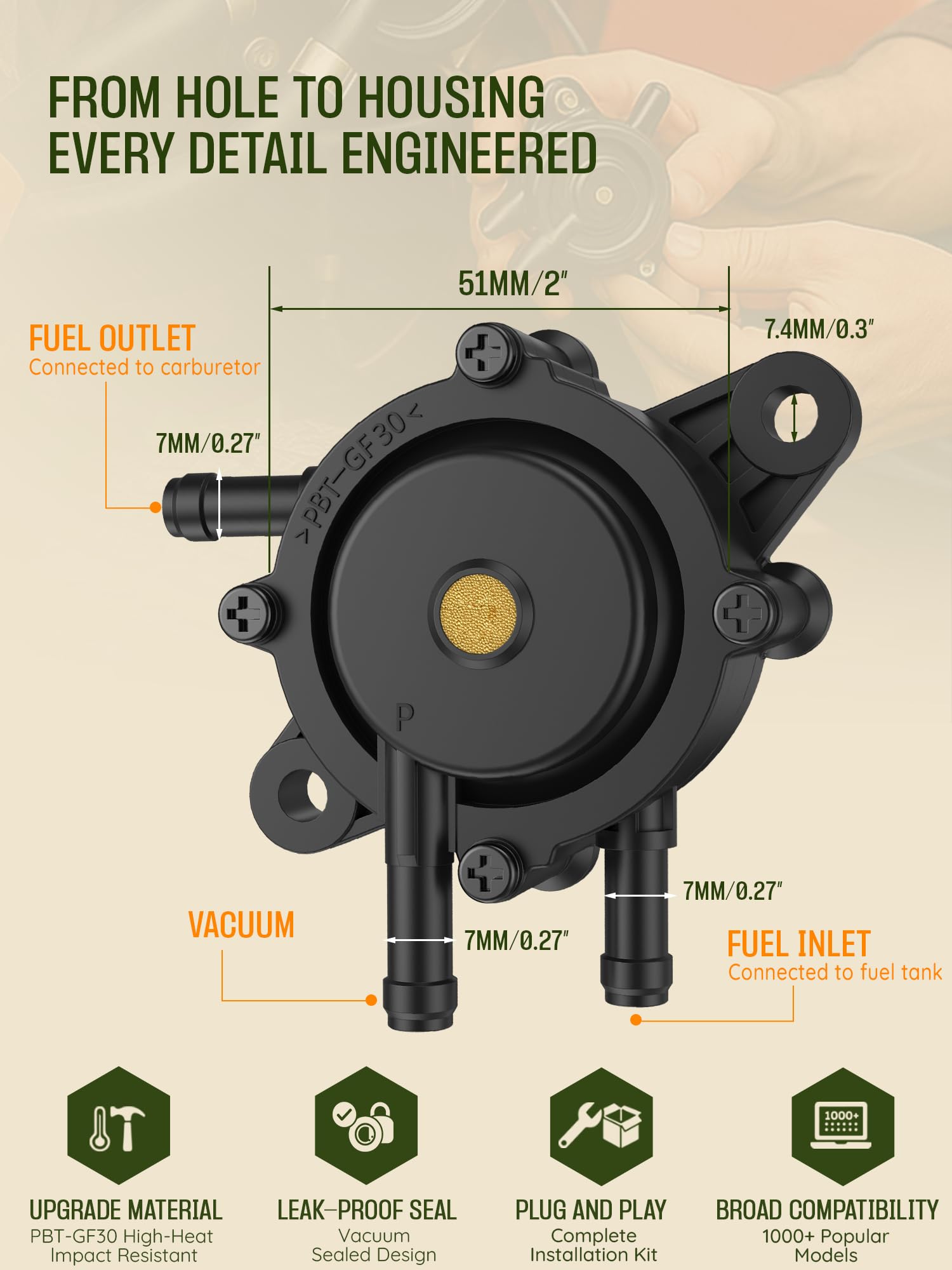 Crivon PBT-GF30 fuel pump diagram illustrating internal flow.