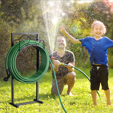 Crixny black outdoor hose storage complements exterior decor while keeping hoses organized.