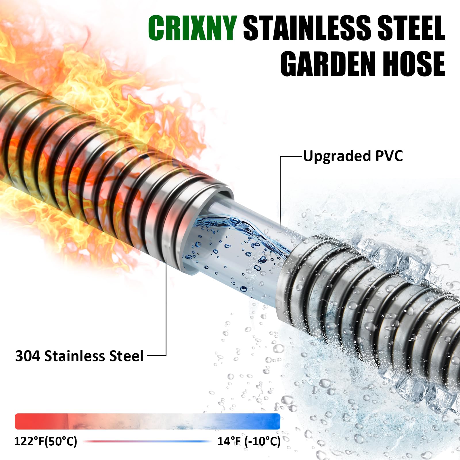Crixny 50ft hose with 10-pattern nozzle for versatile watering.