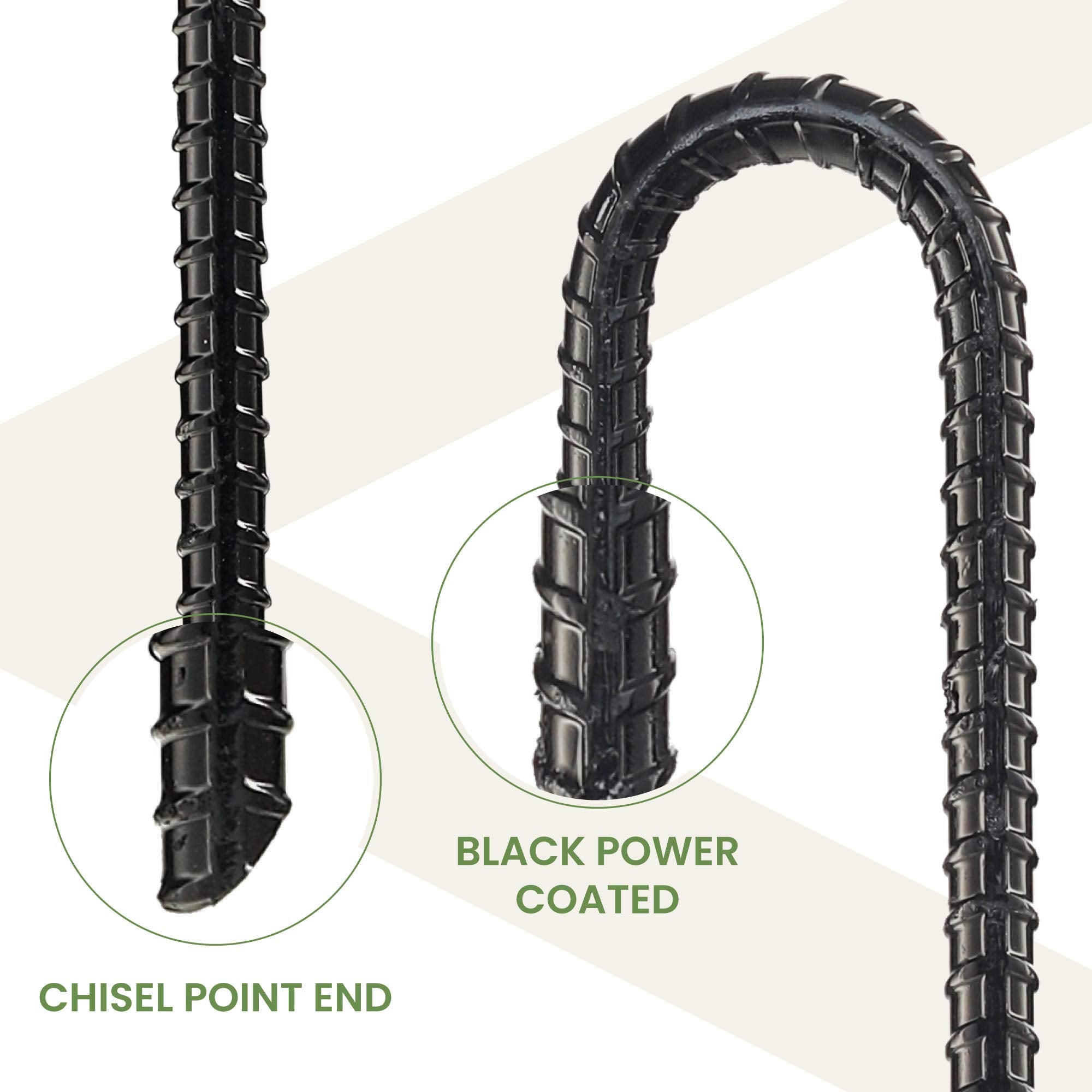 CRIZTA black powder-coated stake resists rust for outdoor use.