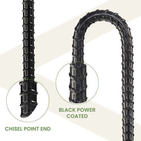 CRIZTA black powder-coated stake resists rust for outdoor use.