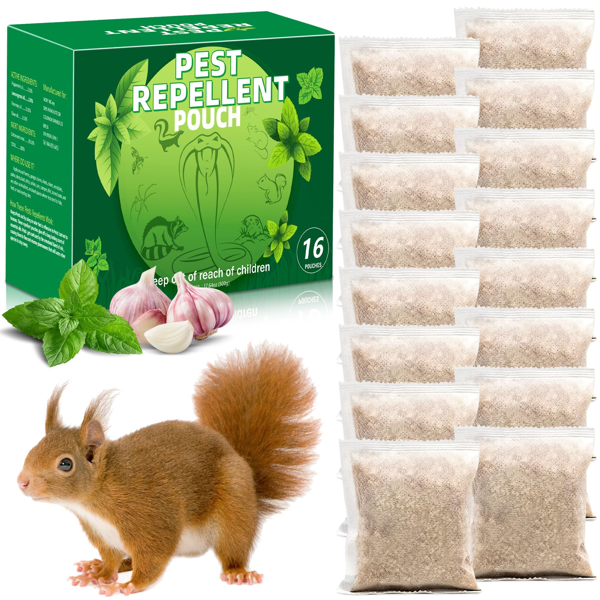 Crobirware 16 pack squirrel repellent pouches placed in gardens to deter rodents.