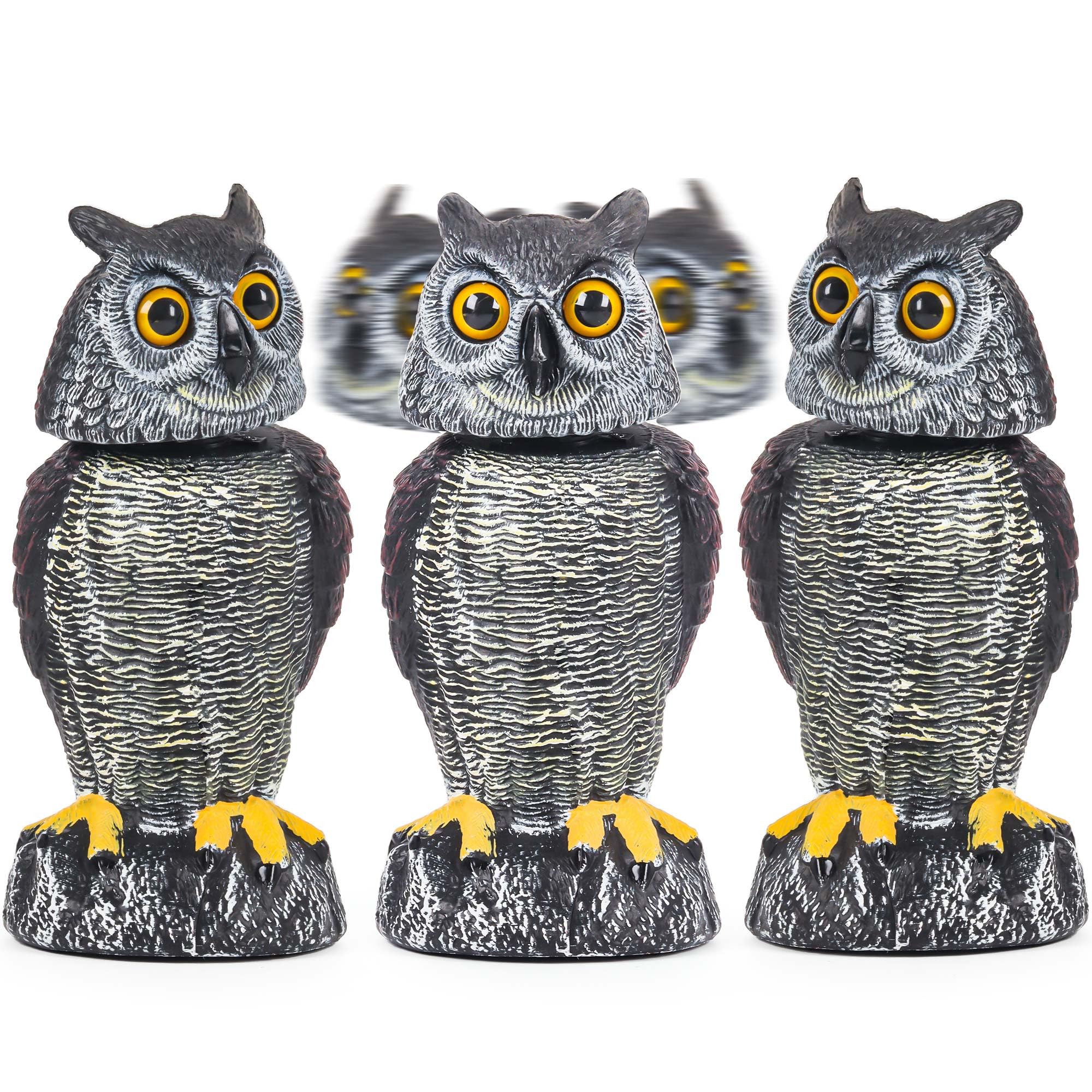 Crobirware rotating-head owl decoy deters garden birds effectively