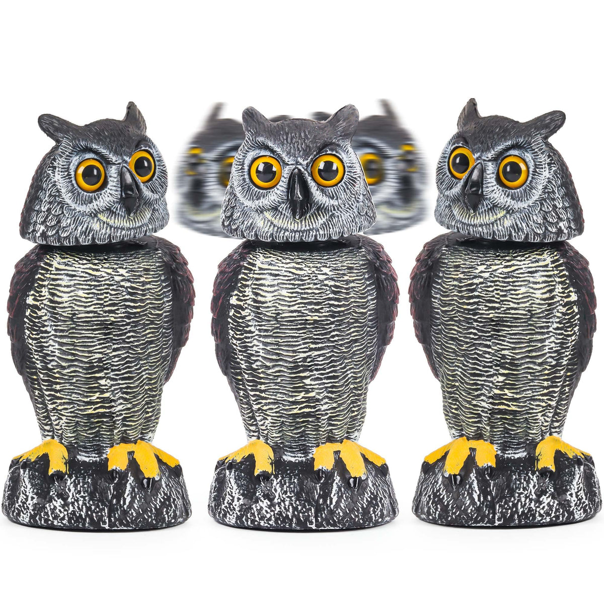 Crobirware rotating-head owl decoy deters garden birds effectively