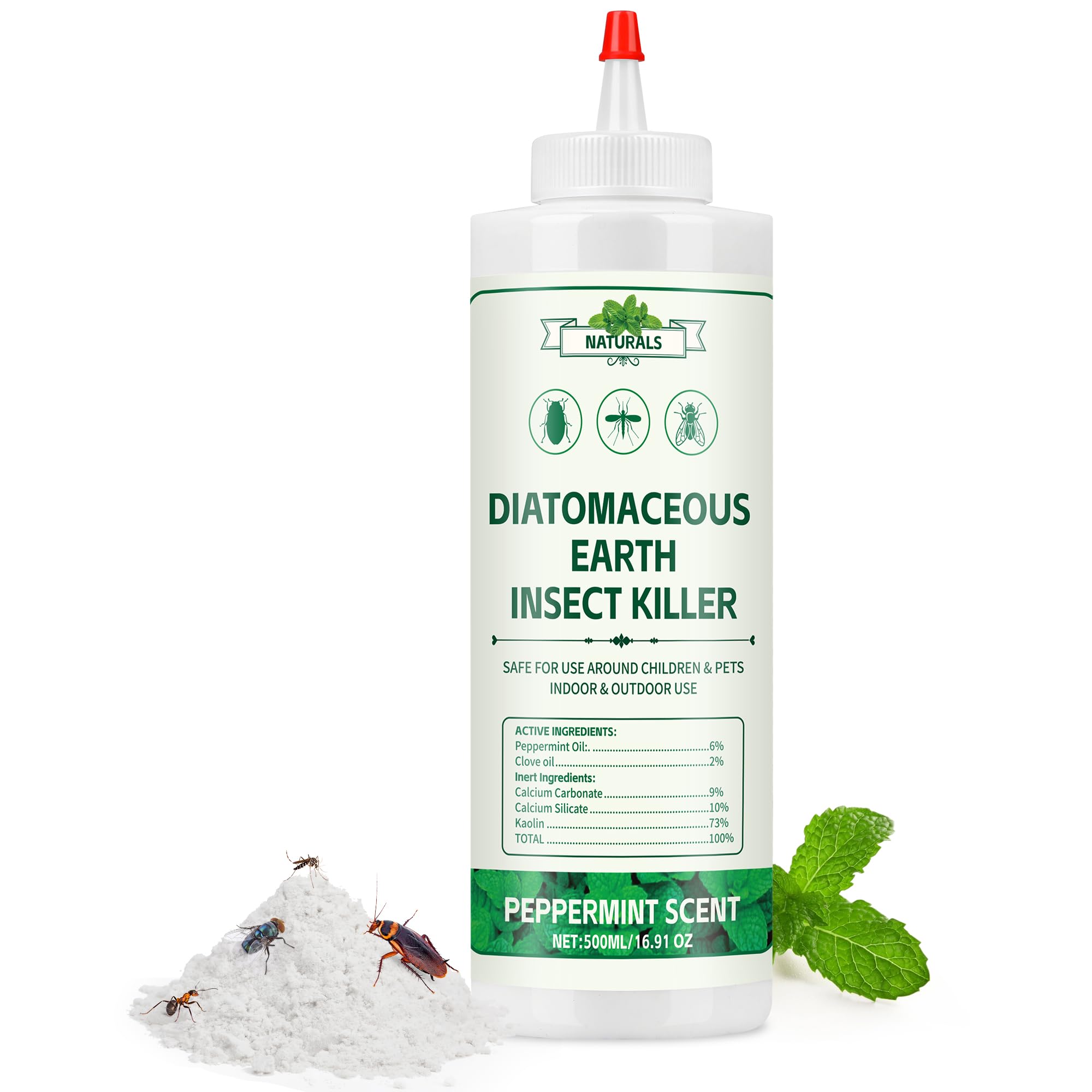 Crobirware peppermint diatomaceous earth powder bottle with spout for easy spot treatment.