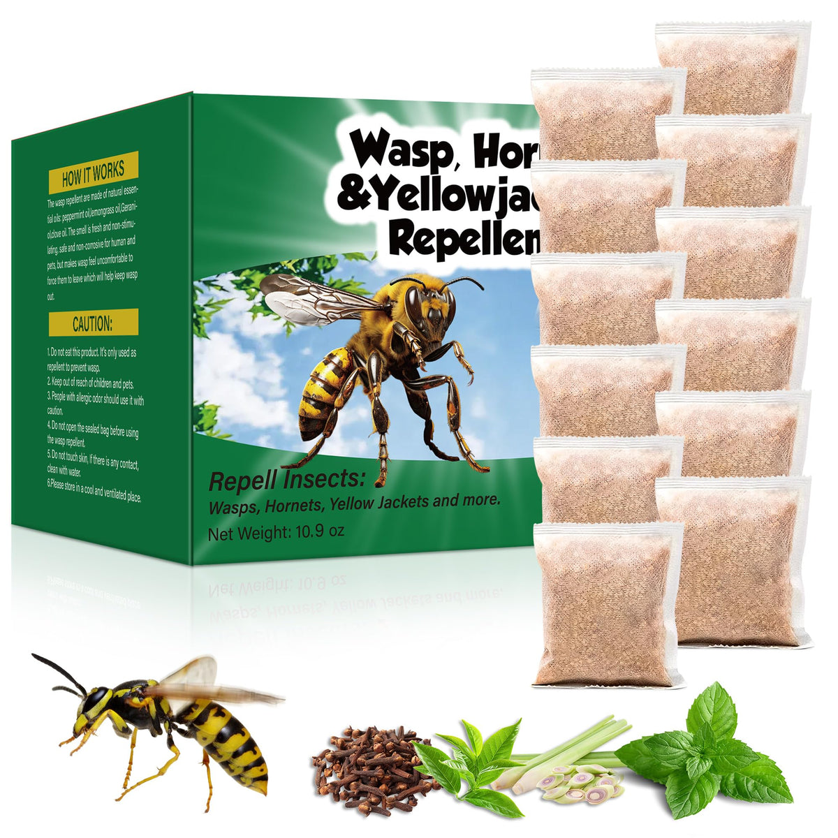 Crobirware wasp repellent pouches close-up showing peppermint blend to deter bees