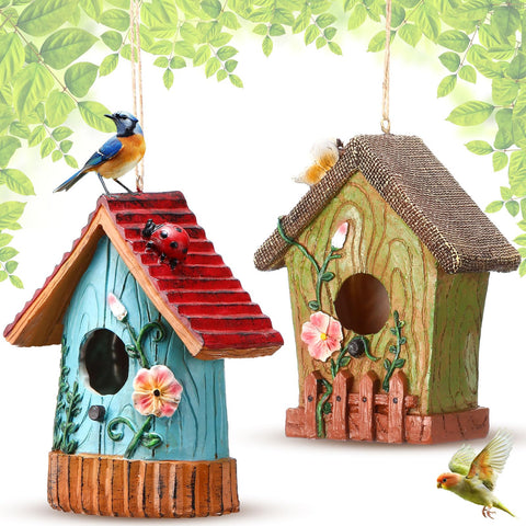 CroBlissful resin bird houses duo hanging outdoors enhances garden decor