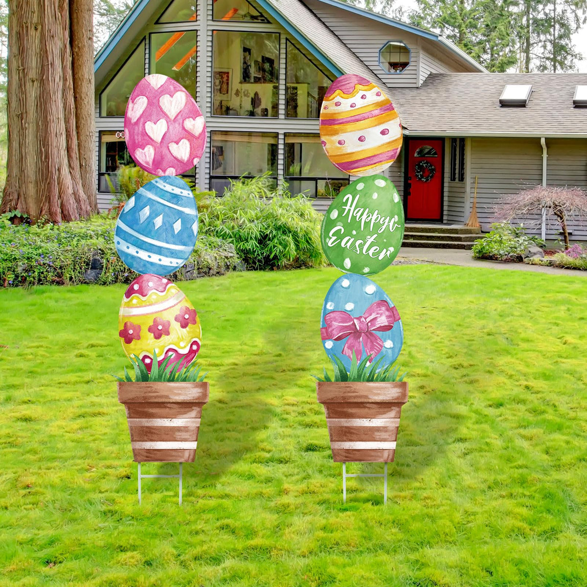 CroBlissful large metal Easter egg yard sign with oil painting texture, ideal for lawn displays