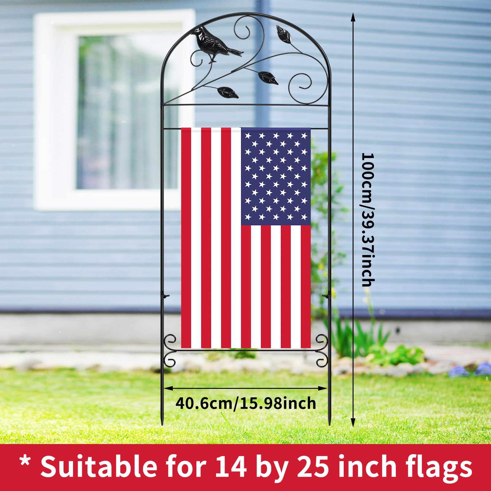 CroBlissful garden flag stand in durable iron supports year-round display.