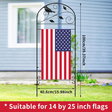 CroBlissful garden flag stand in durable iron supports year-round display.