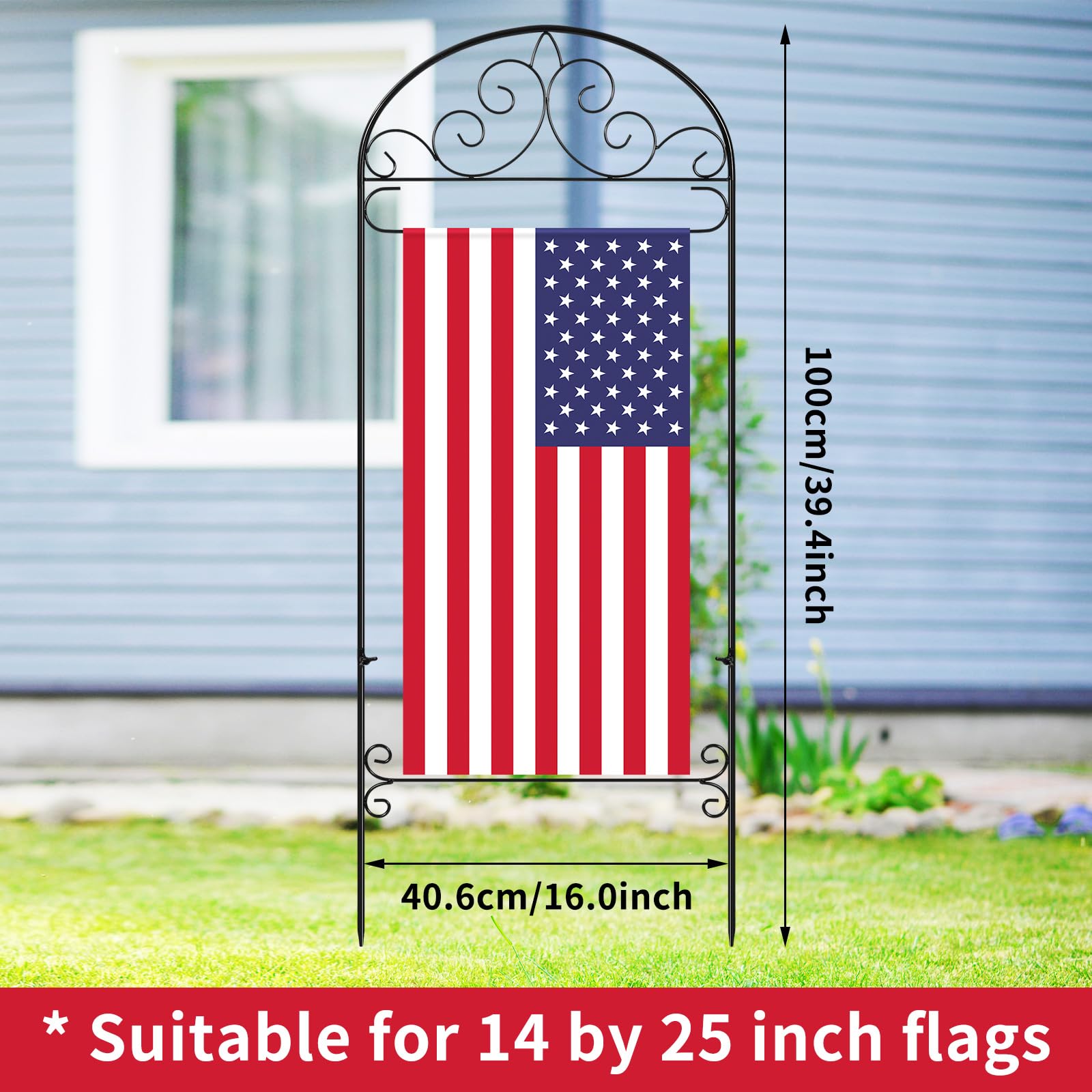 CroBlissful garden flag stand in the yard highlights durable, weather-ready design.