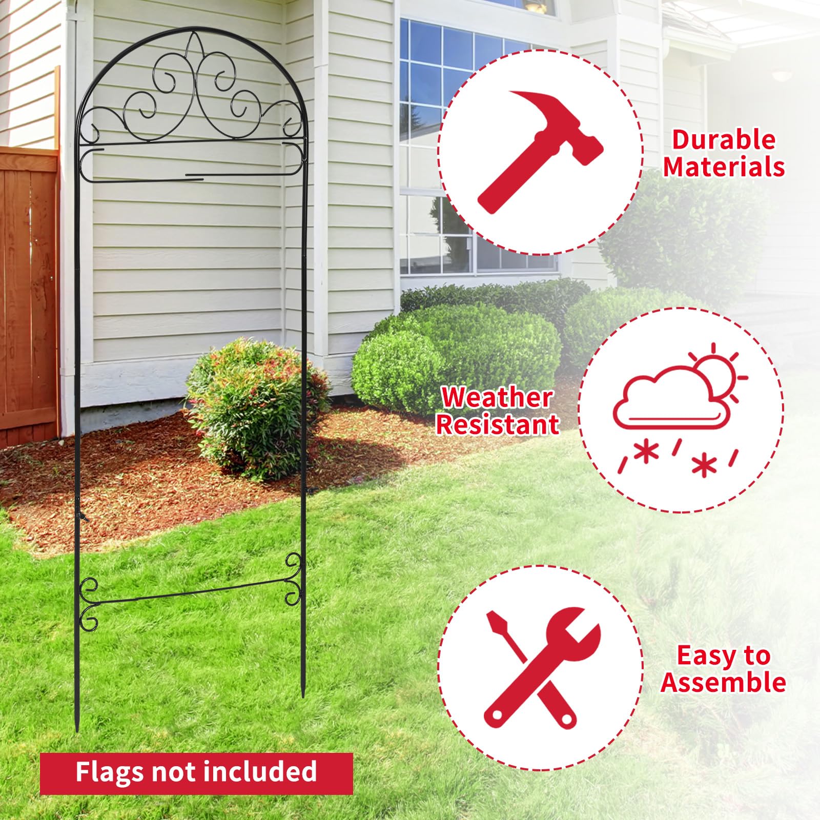 CroBlissful garden flag stand side view shows stable iron construction for outdoors.