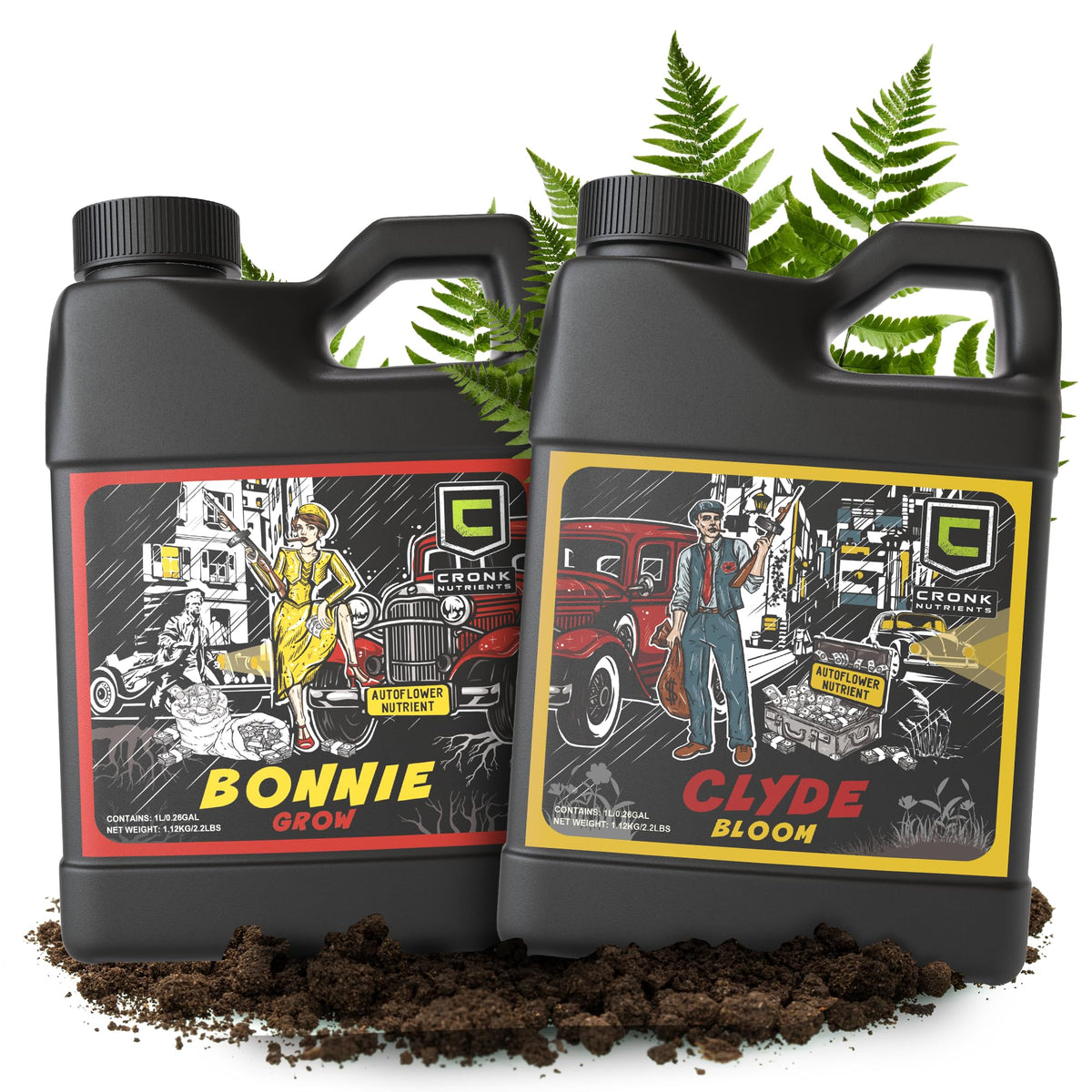 Cronk Grow Bonnie & Clyde bottle closeup illustrating easy autoflower nutrients for healthier blooms.