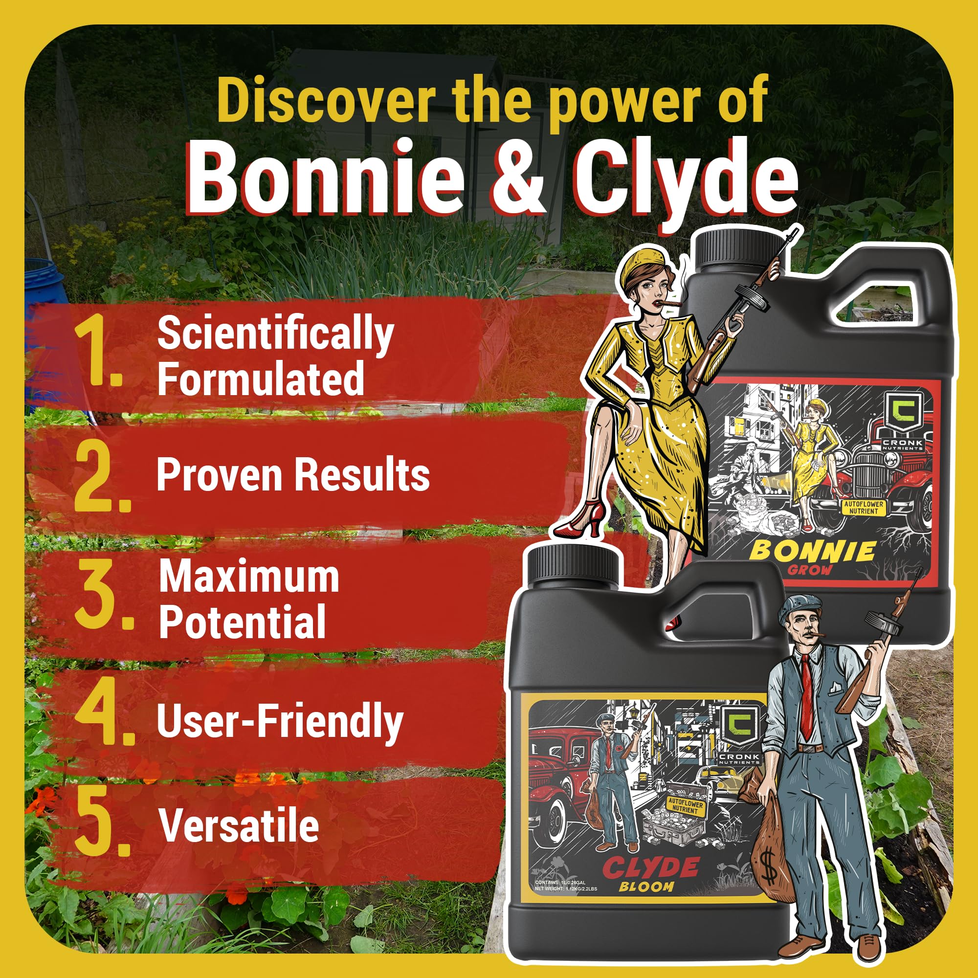 Cronk Grow Bonnie & Clyde label detail shows clear instructions and nutrient proportions.