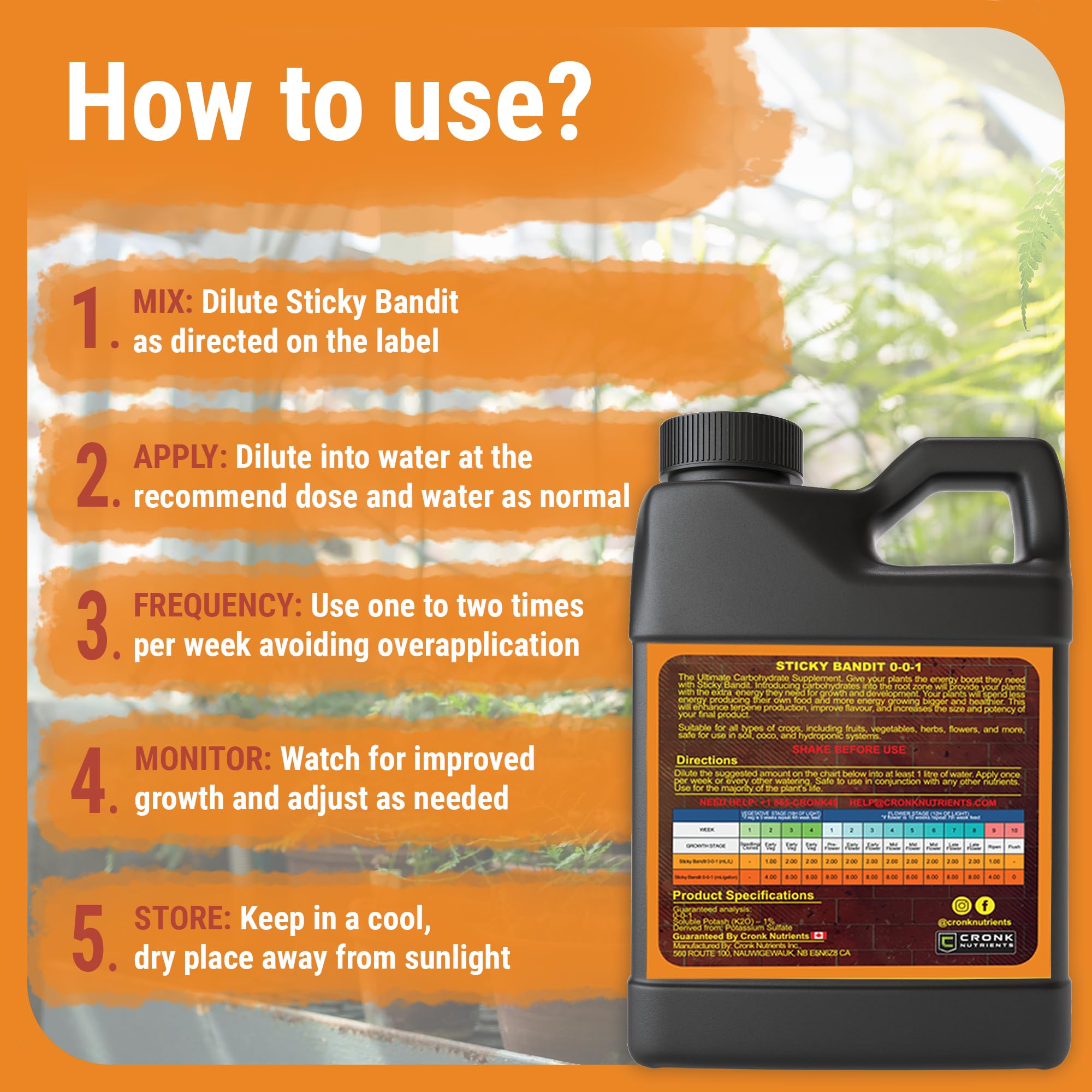 Cronk Grow Nutrients Sticky Bandit label details help with application