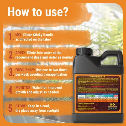 Cronk Grow Nutrients Sticky Bandit label details help with application