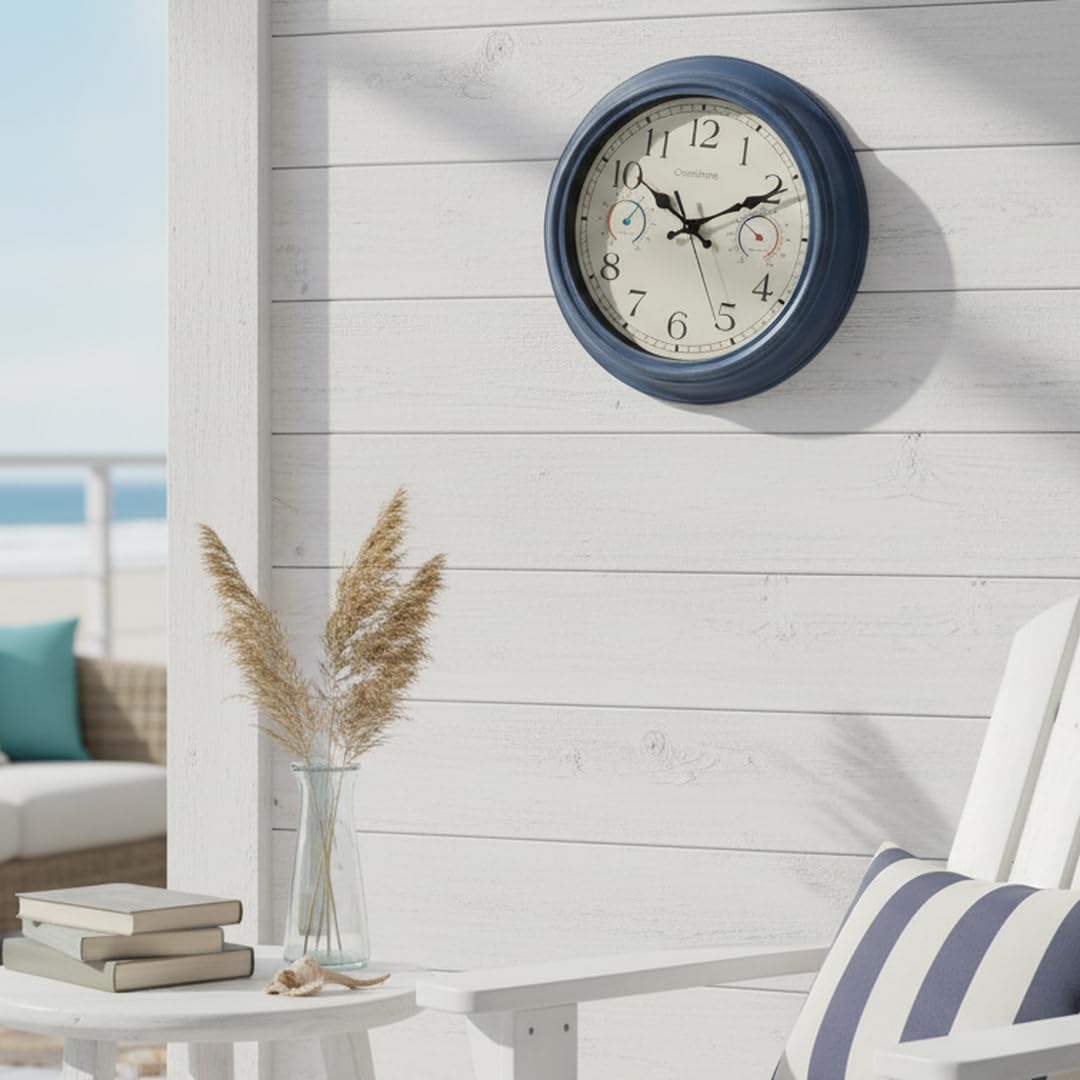 Crosstime 12-inch vintage blue clock adds coastal charm to patios.