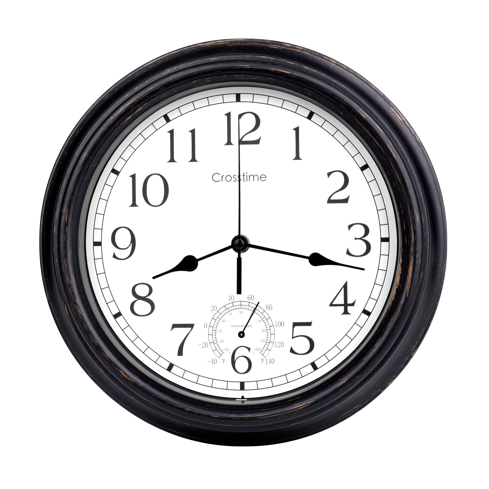 Crosstime 12-inch retro clock back view showing hanging slot for easy mounting.