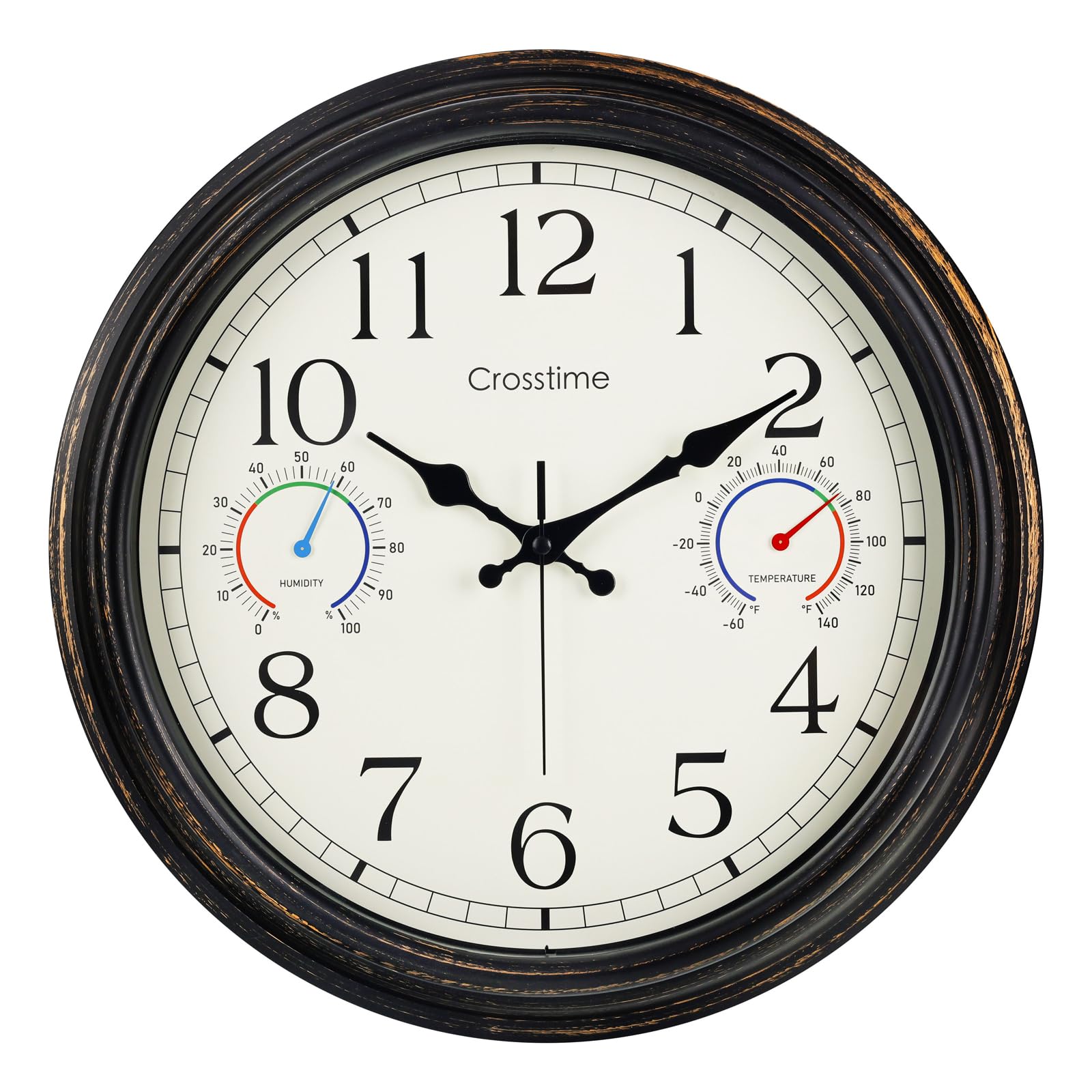 Crosstime 16-inch outdoor wall clock with bronze dial for easy yard visibility.
