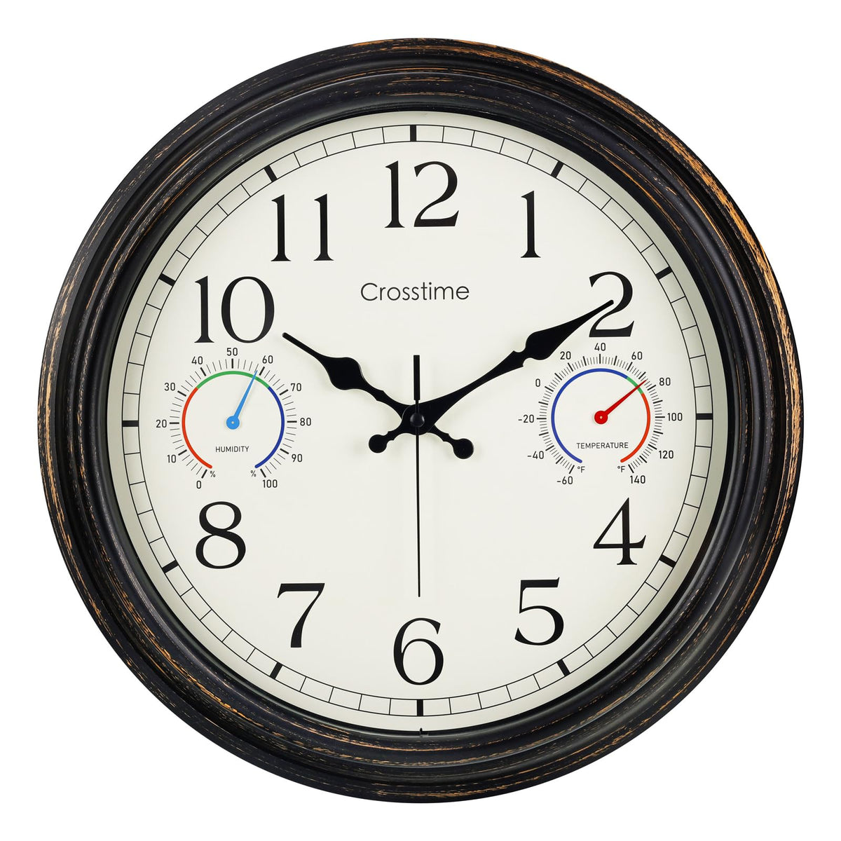 Crosstime 16-inch outdoor wall clock with bronze dial for easy yard visibility.