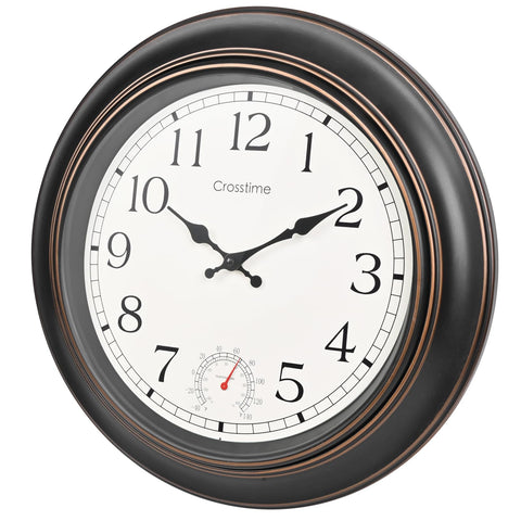 Crosstime 18-inch outdoor clock bronze front for easy patio readability.