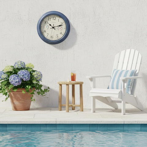 Crosstime navy blue farmhouse clock enhances porch or garden decor.