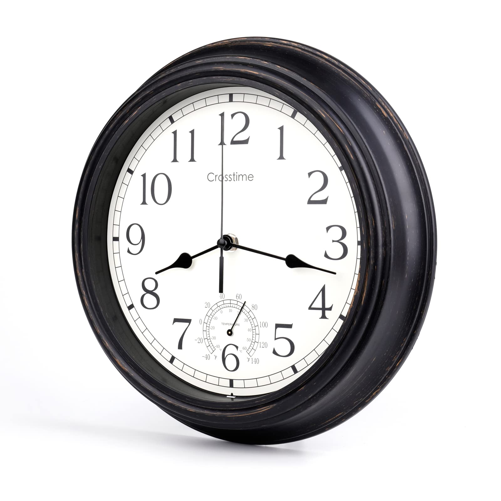 Crosstime bronze clock dial and thermometer showing outdoor temperature clearly