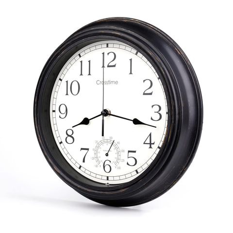Crosstime bronze clock dial and thermometer showing outdoor temperature clearly