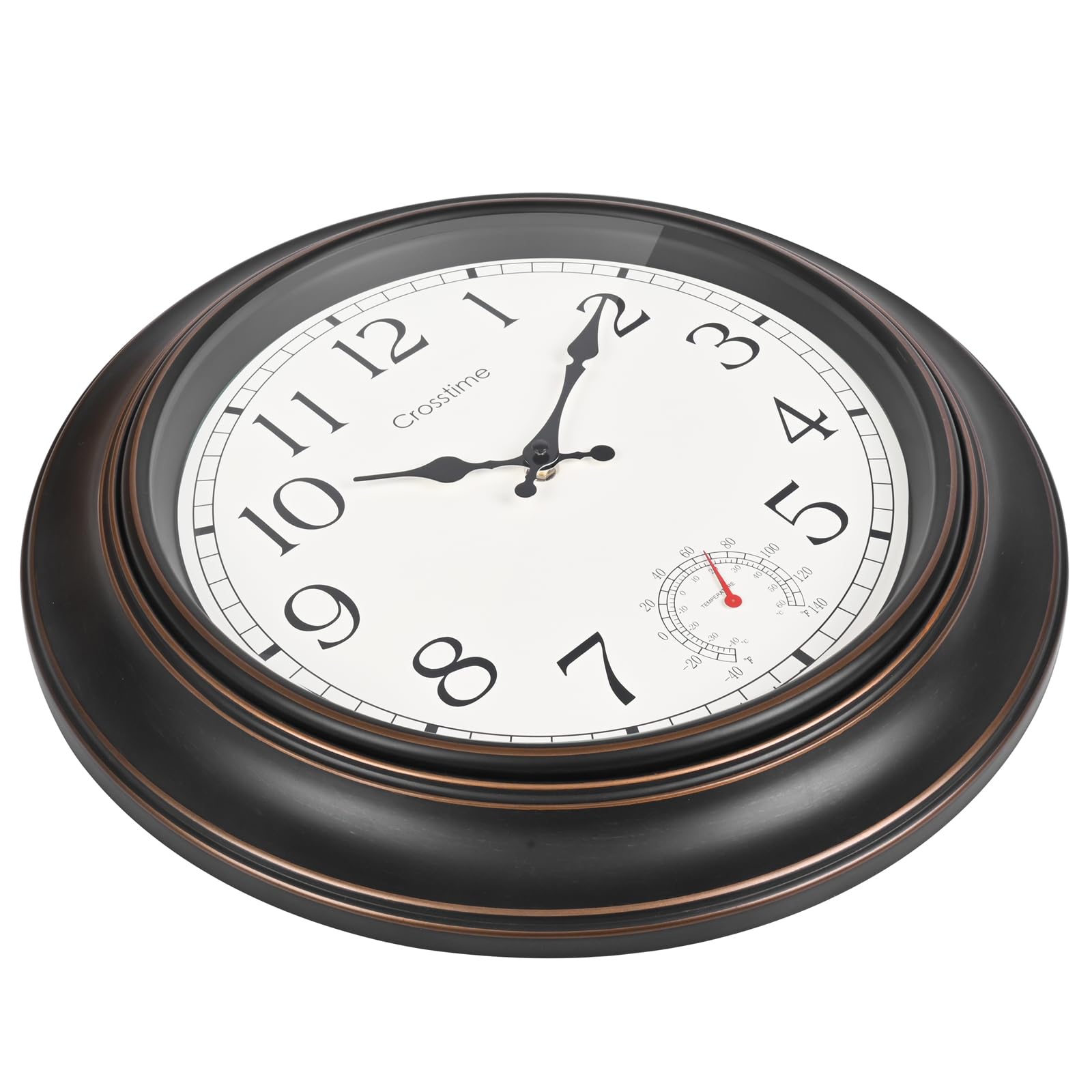 Crosstime outdoor clock thermometer dial displays ambient temperature outdoors.