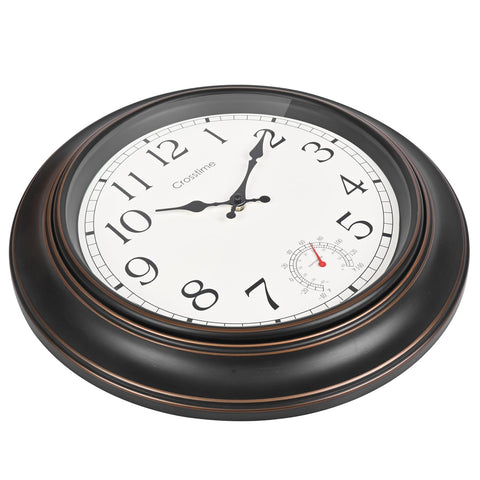 Crosstime outdoor clock thermometer dial displays ambient temperature outdoors.