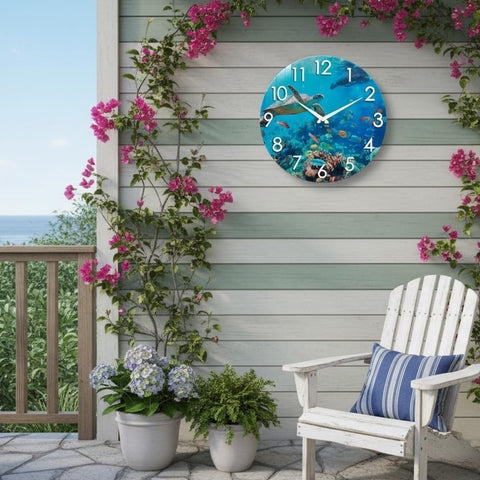 Crosstime outdoor clock tropical-corals-reef, bright focal point for patios and decks.
