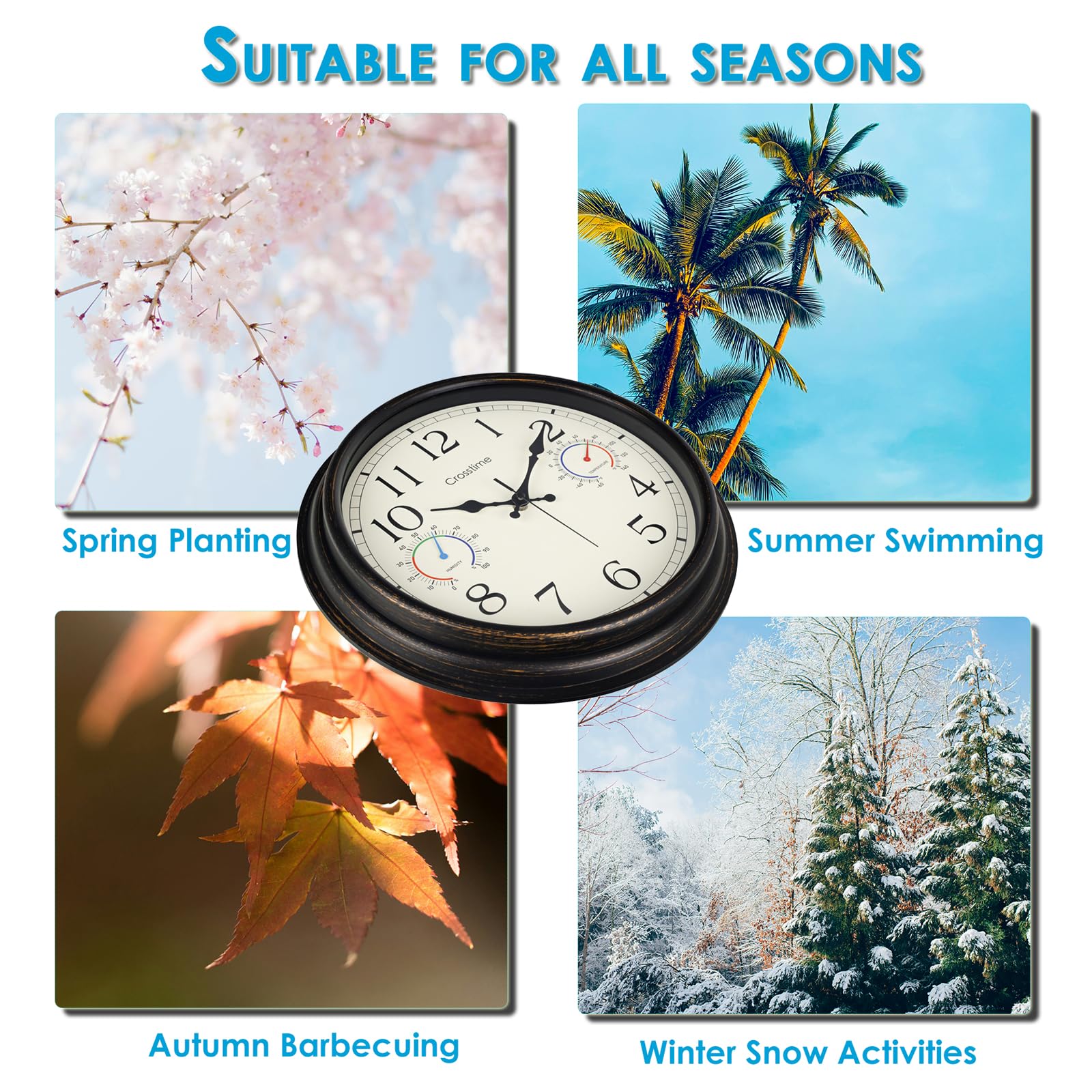 Crosstime patio garden wall clock enhances outdoor decor while tracking conditions.