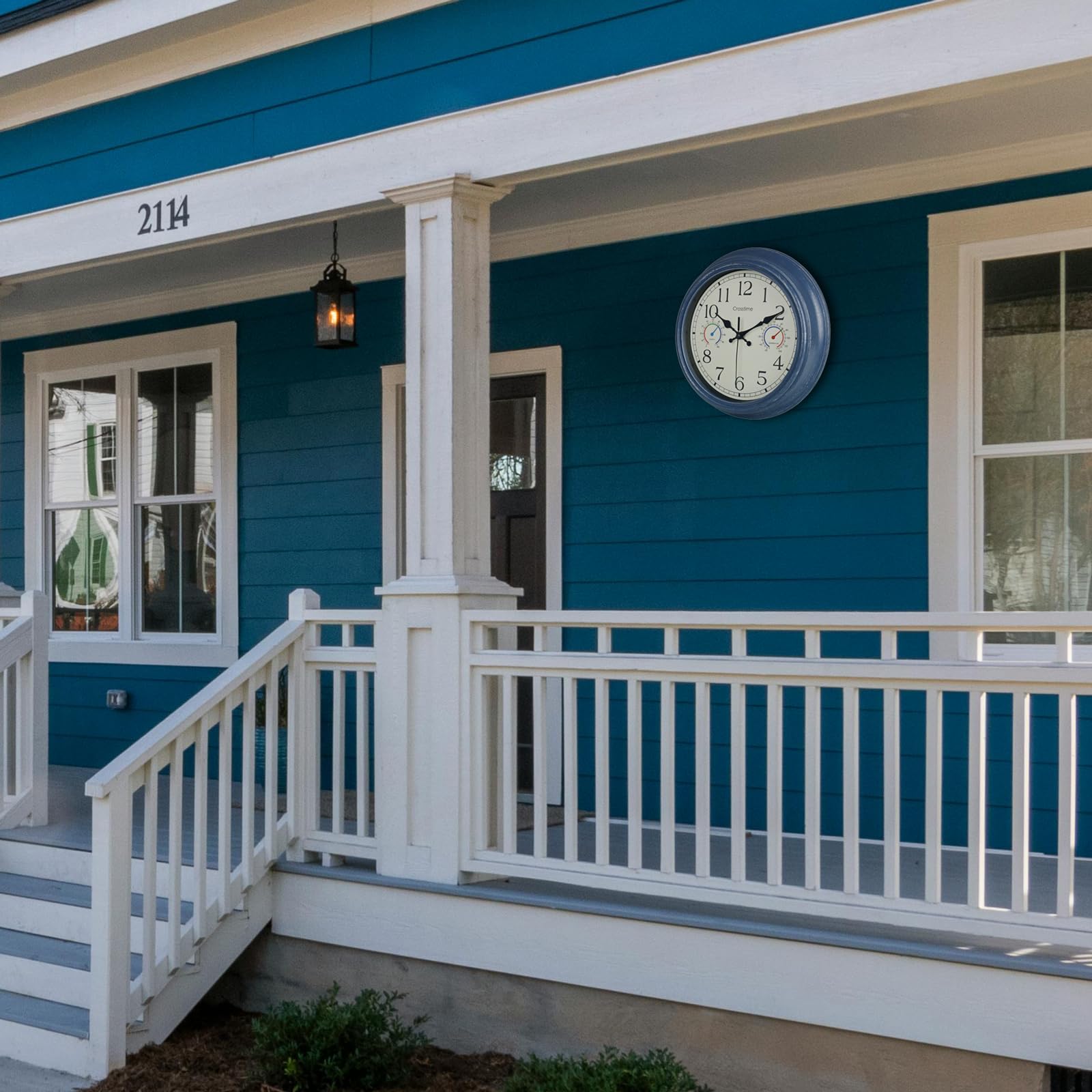 Crosstime quartz movement delivers reliable timekeeping for outdoor spaces.