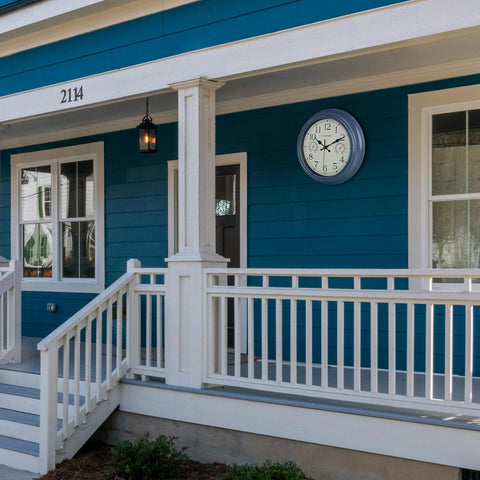 Crosstime quartz movement delivers reliable timekeeping for outdoor spaces.