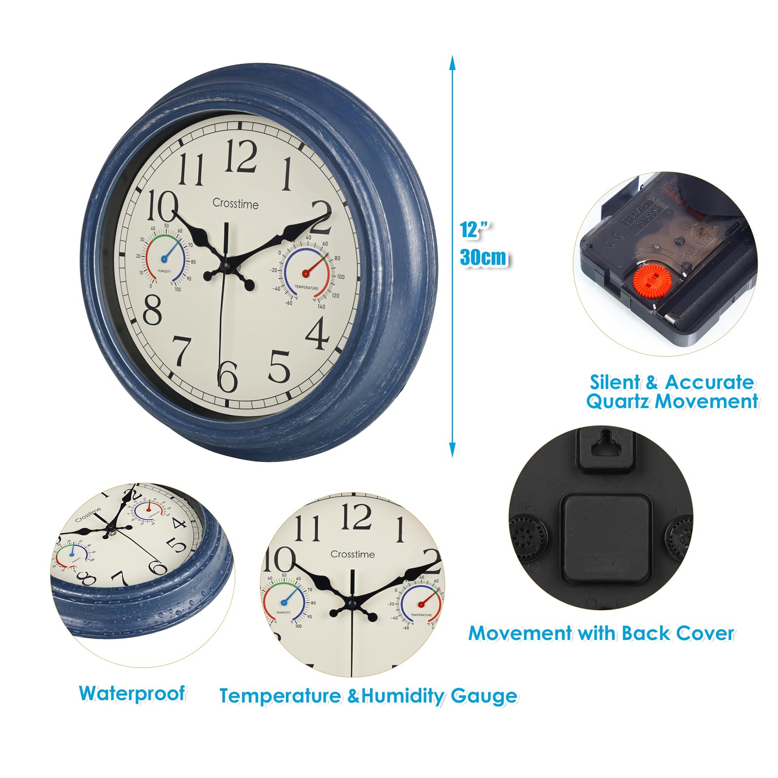 Crosstime waterproof exterior clock dial stays readable in rain and sun.