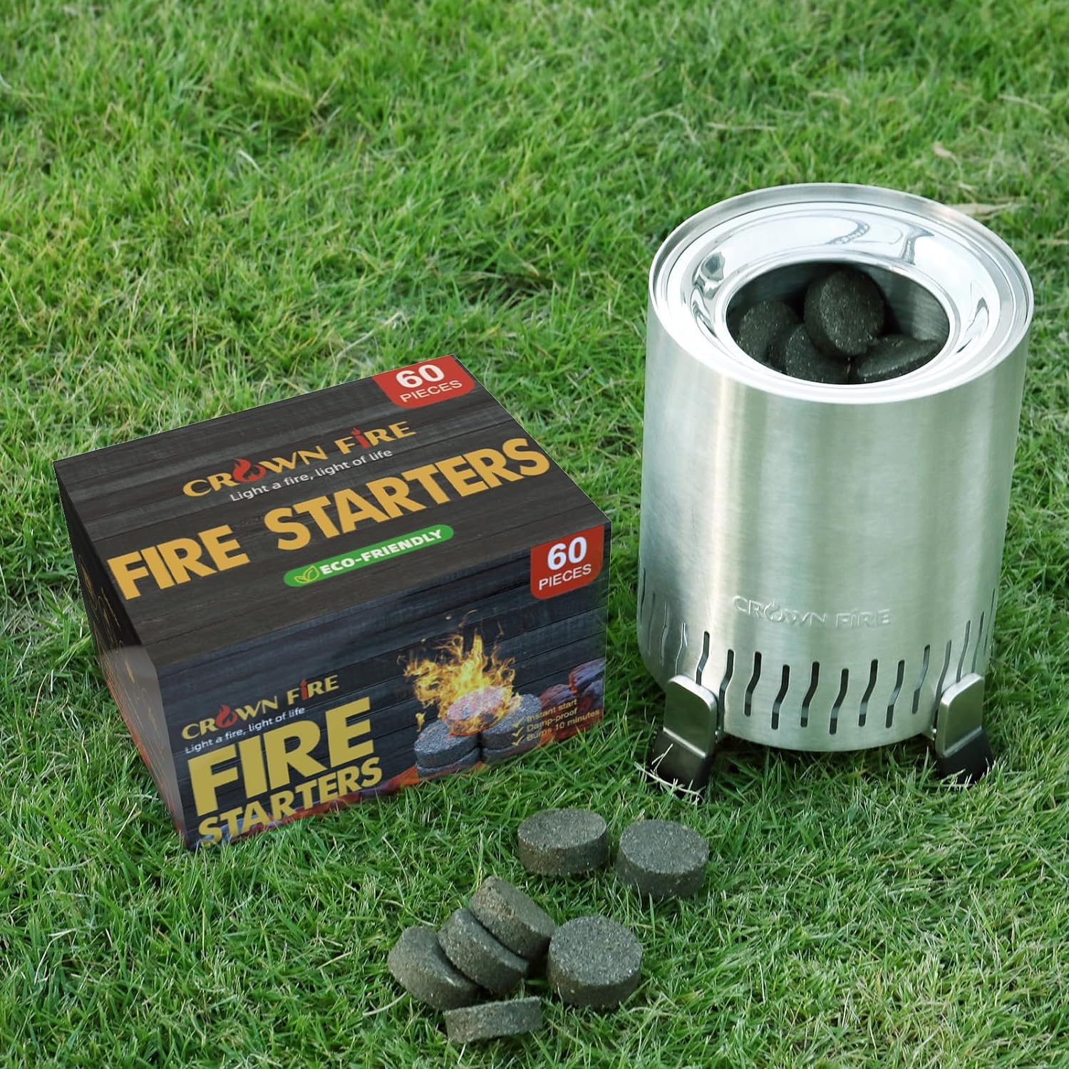 CROWN FIRE fire starters in action producing tall flame for grill and campfire.